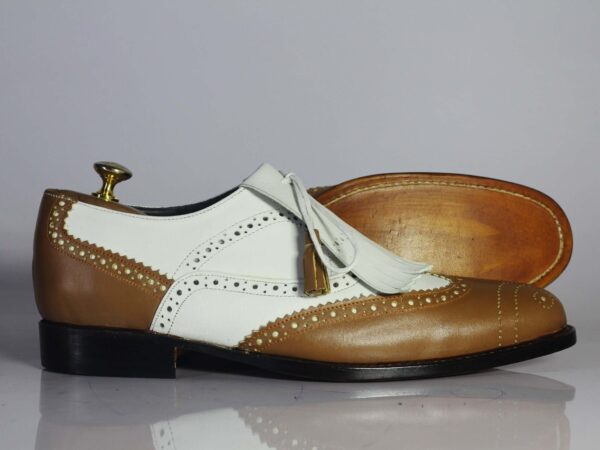 Bespoke White & Brown Wing Tip Brogue Fringe Shoes for Men's - leathersguru