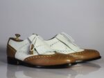 Bespoke White & Brown Wing Tip Brogue Fringe Shoes for Men's - leathersguru