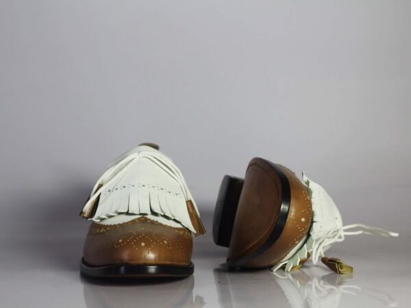 Bespoke White & Brown Wing Tip Brogue Fringe Shoes for Men's - leathersguru