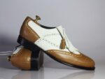 Bespoke White & Brown Leather Fringe Wing Tip Shoes for Men's - leathersguru