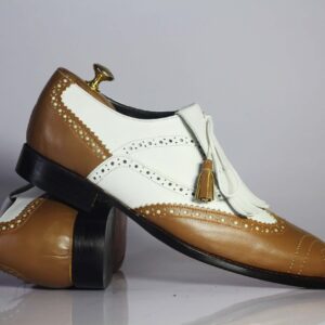 Bespoke White & Brown Leather Fringe Wing Tip Shoes for Men's - leathersguru