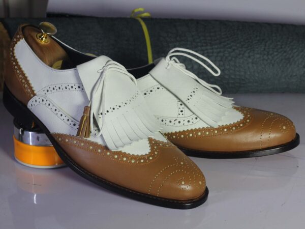 Bespoke White & Brown Wing Tip Brogue Fringe Shoes for Men's - leathersguru