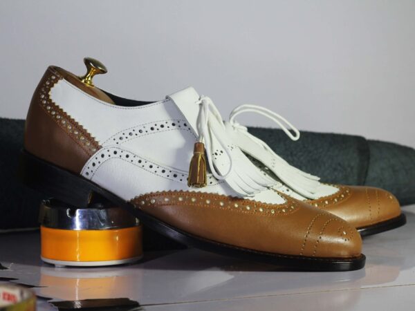 Bespoke White & Brown Leather Fringe Wing Tip Shoes for Men's - leathersguru