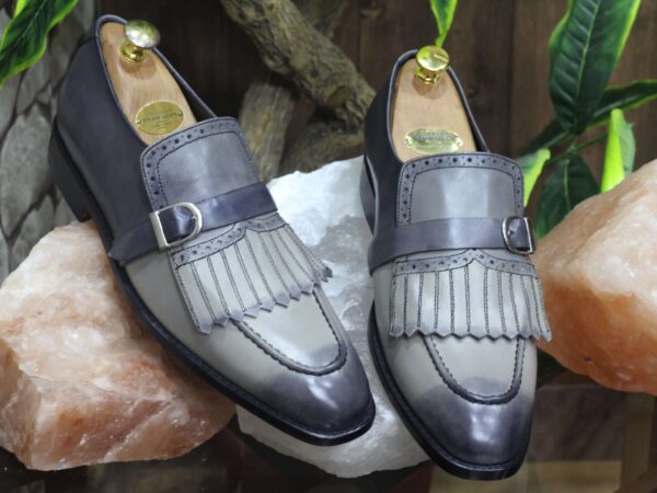 Bespoke Grey Buckle Fringe Loafers for Men's - leathersguru