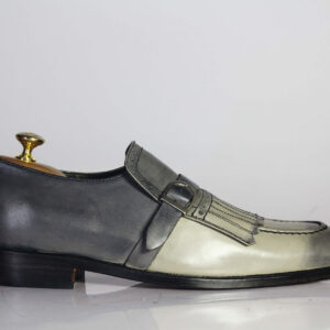 Two Tone Gray Loafer Fringe Monk Strap Leather Men Shoes