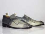 Bespoke Gray Leather Fringe Buckle Up Loafer Shoe for Men - leathersguru