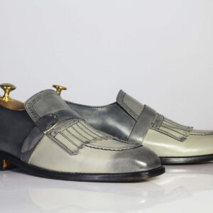 Bespoke Gray Leather Fringe Buckle Up Loafer Shoe for Men - leathersguru