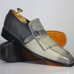 Bespoke Gray Leather Fringe Buckle Up Loafer Shoe for Men - leathersguru