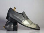 Bespoke Gray Leather Fringe Buckle Up Loafer Shoe for Men - leathersguru