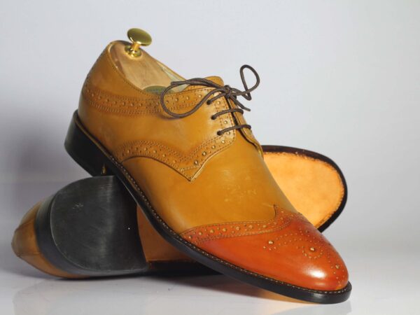 Hand Painted Tan Two Tone Cap Toe Leather Shoes For Men