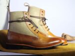 Bespoke Beige Tan Leather Suede Lace Up Ankle High Boots - leathersguru