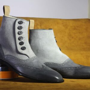 Bespoke Gray Wing Tip Button Top Ankle Boots for Men's - leathersguru