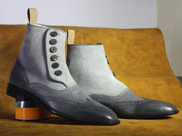 Bespoke Gray Wing Tip Button Top Ankle Boots for Men's - leathersguru