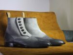 Bespoke Gray Wing Tip Button Top Ankle Boots for Men's - leathersguru