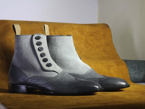 Bespoke Gray Wing Tip Button Top Ankle Boots for Men's - leathersguru