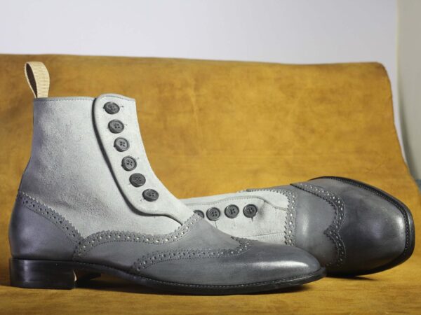 Bespoke Gray Wing Tip Button Top Ankle Boots for Men's - leathersguru