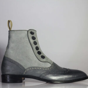 Two Tone Grey Button Top Ankle High Boot,Men's Stylish Leather Suede Boot