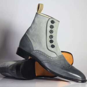 Bespoke Gray Wing Tip Button Top Ankle Boots for Men's - leathersguru