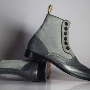 Two Tone Grey Button Top Ankle High Boot,Men's Stylish Leather Suede Boot