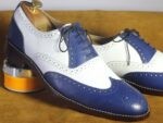 Bespoke White & Blue Wing Tip Brogue Lace Up Shoes - leathersguru