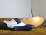 Bespoke White & Blue Wing Tip Brogue Lace Up Shoes - leathersguru