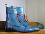 Men's Blue Leather Ankle High Red Lace Up Boot,Handmade Boot