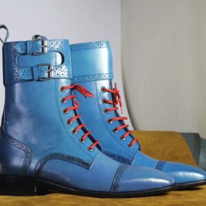 Men's Blue Leather Ankle High Red Lace Up Boot,Handmade Boot