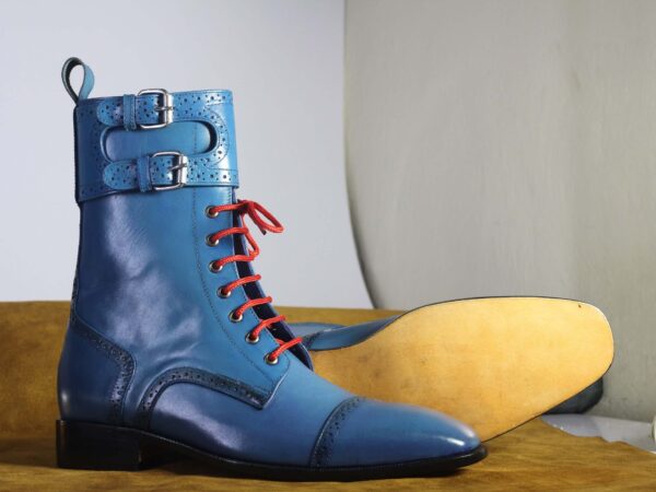 Men's Blue Leather Ankle High Red Lace Up Boot,Handmade Boot