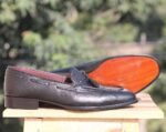 Handmade Black Leather Tussle Loafer - leathersguru