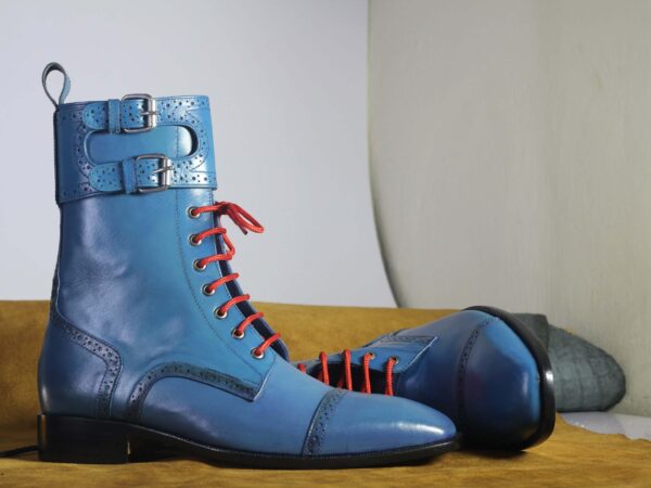 Men's Blue Leather Ankle High Red Lace Up Boot,Handmade Boot