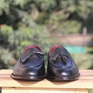 Handmade Black Leather Tussle Loafer - leathersguru