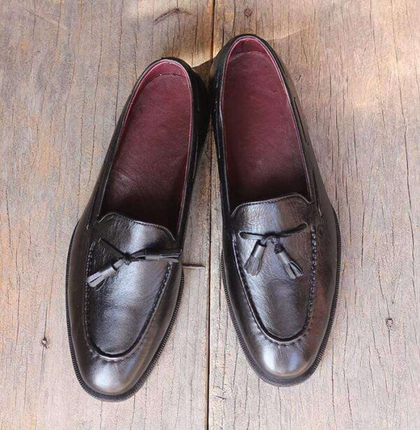 Handmade Black Leather Tussle Loafer - leathersguru