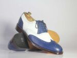 Bespoke White & Blue Wing Tip Brogue Lace Up Shoes - leathersguru