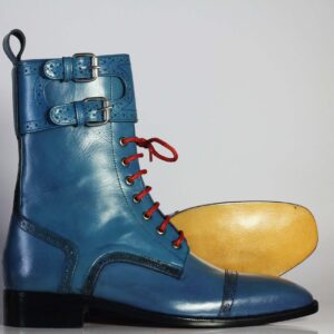 Bespoke Blue Leather Ankle Monk Strap Cap Toe Lace Up Boot - leathersguru