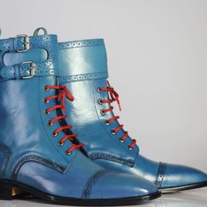 Bespoke Blue Leather Ankle Monk Strap Cap Toe Lace Up Boot - leathersguru