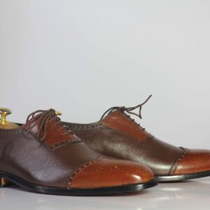 Bespoke Brown & Tan Leather Wing Tip Lace Up Shoe for Men - leathersguru