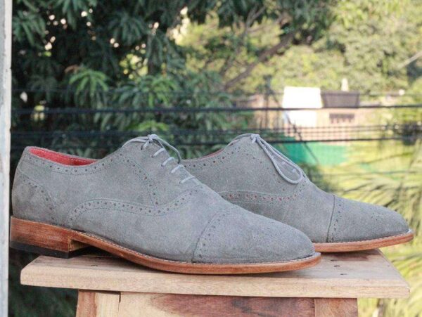 Handmade Gray Suede Cap Toe Brogue Shoe - leathersguru