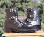 Handmade Black Triple Buckle Boots For Men's - leathersguru