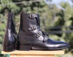 Handmade Black Triple Buckle Boots For Men's - leathersguru