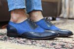 Handmade Black & Blue Wing tip Denim Leather Shoes - leathersguru