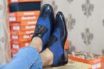 Handmade Black & Blue Wing tip Denim Leather Shoes - leathersguru