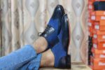 Handmade Black & Blue Wing tip Denim Leather Shoes - leathersguru