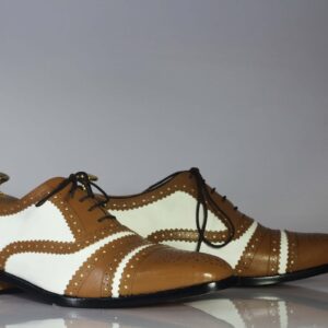 Bespoke Brown & White Leather Cap Toe Lace Up Shoe for Men - leathersguru