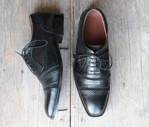 Handmade Black Cap Toe Leather Suede Lace Up Shoe - leathersguru