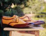 Handmade Tan Brown Leather Wingtip Monk Shoes - leathersguru