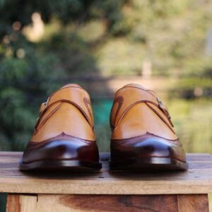 Handmade Tan Brown Leather Wingtip Monk Shoes - leathersguru