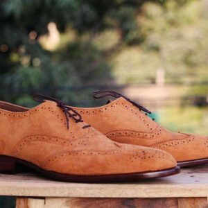 Men's Tan Wing Tip Brogue Suede Men's Shoes - leathersguru