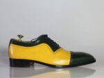 Handmade Men's Green Yellow Leather Cap Toe  Shoe - leathersguru