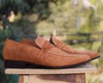 Bespoke Tan Penny Suede Loafer For Men's - leathersguru