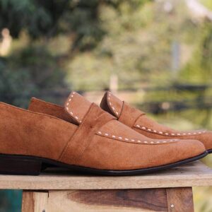 Bespoke Tan Penny Suede Loafer For Men's - leathersguru